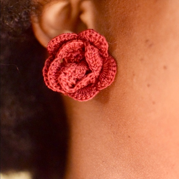 Handmade Crochet Rose Stud Earrings - Picture 3 of 4